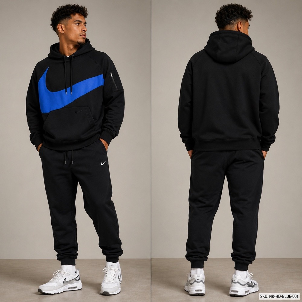 Nike Therma-FIT Hoodie Mens Medium Black Blue Big Swoosh Pullover NK-HD-BLUE-001